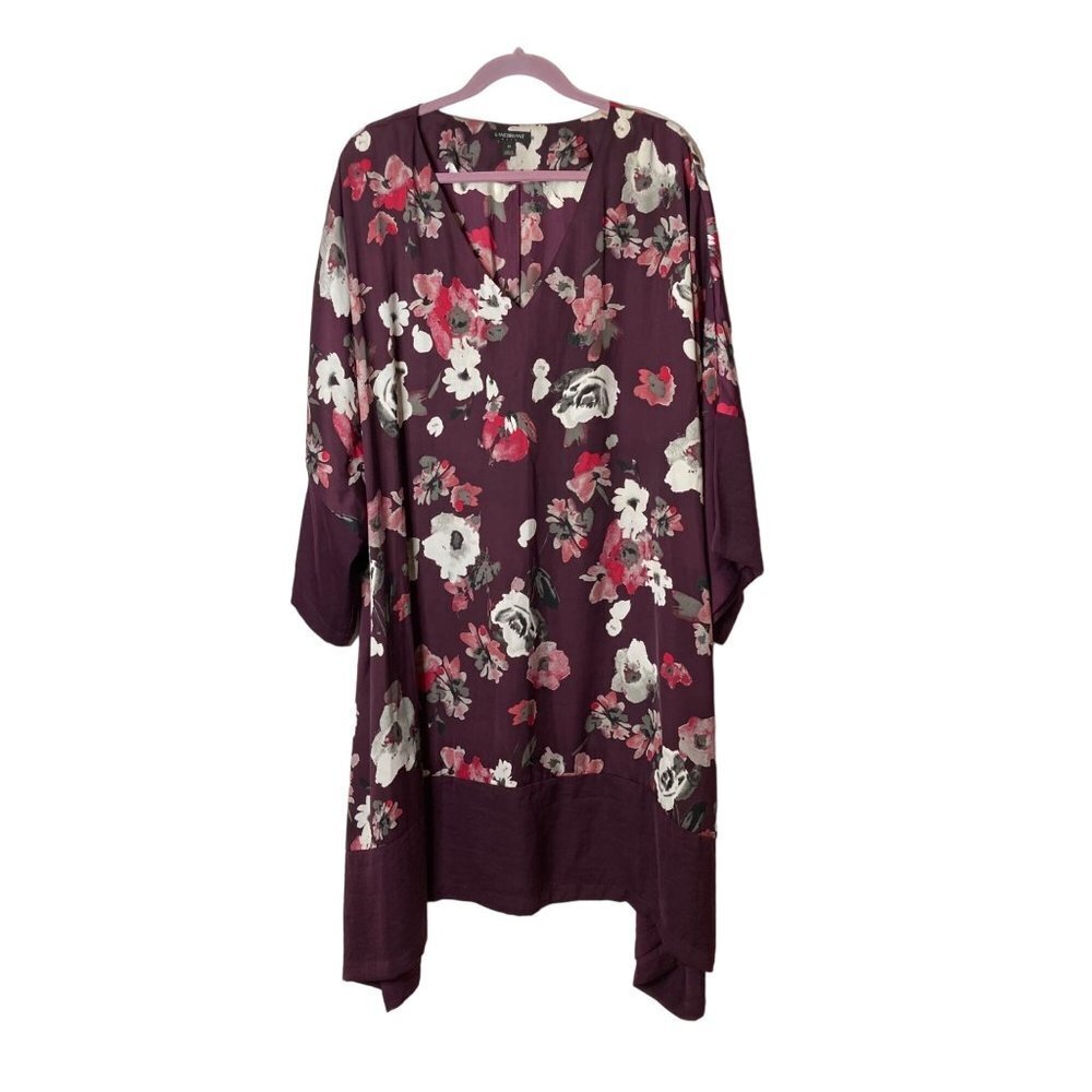 Lane Bryant Floral Dress‎ Sz 24 Maroon Wine Loose Fit Shark Hem V Neck Classic